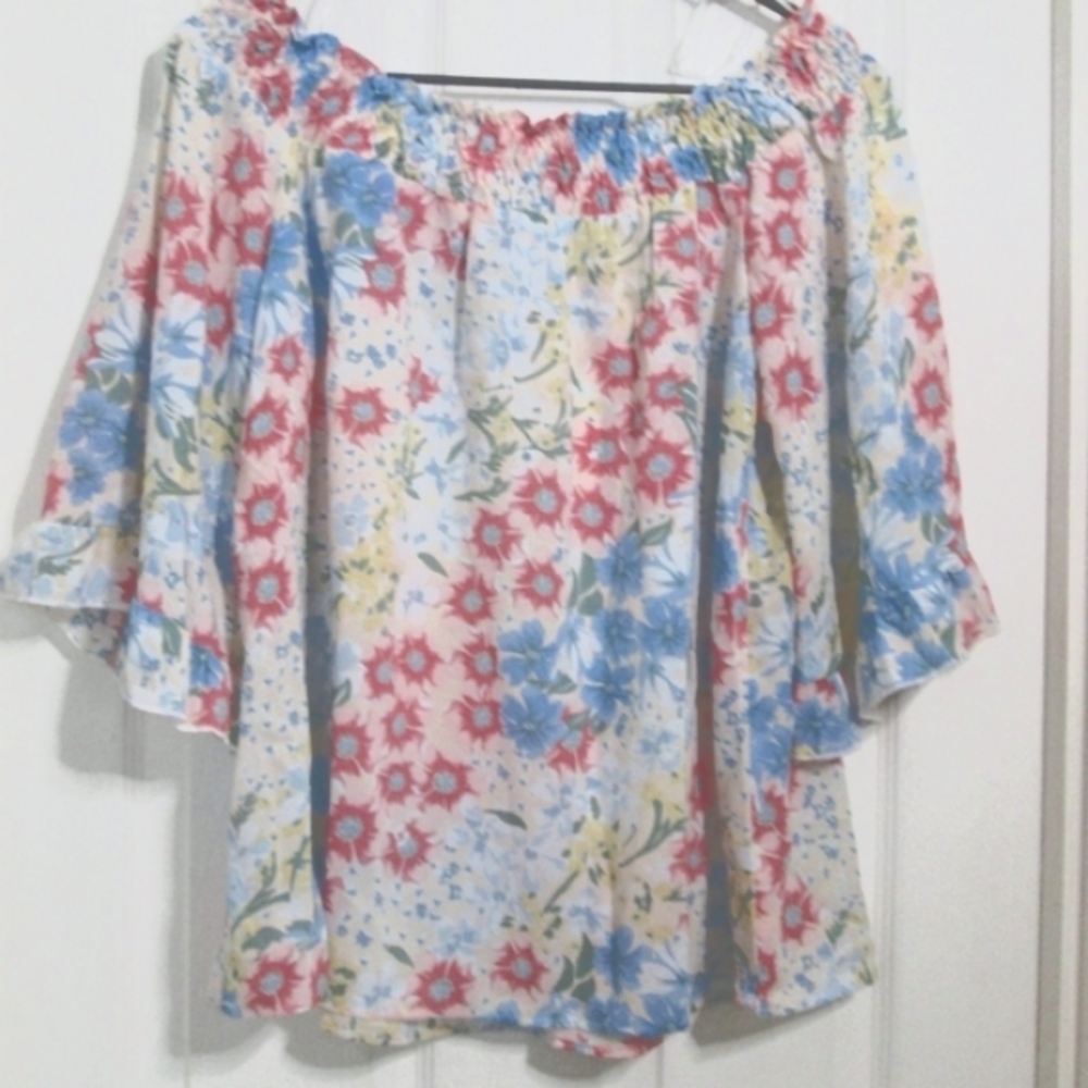 peasant top Romantic Hut Boho floral Off Shoulder Smocked Ruffles